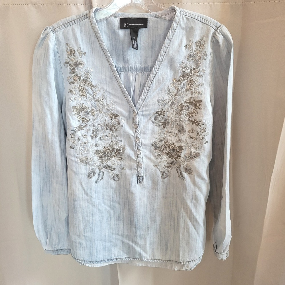 INC Chambray Womens Top Small Embroidered Light Wash Pearl Snap Western 21797